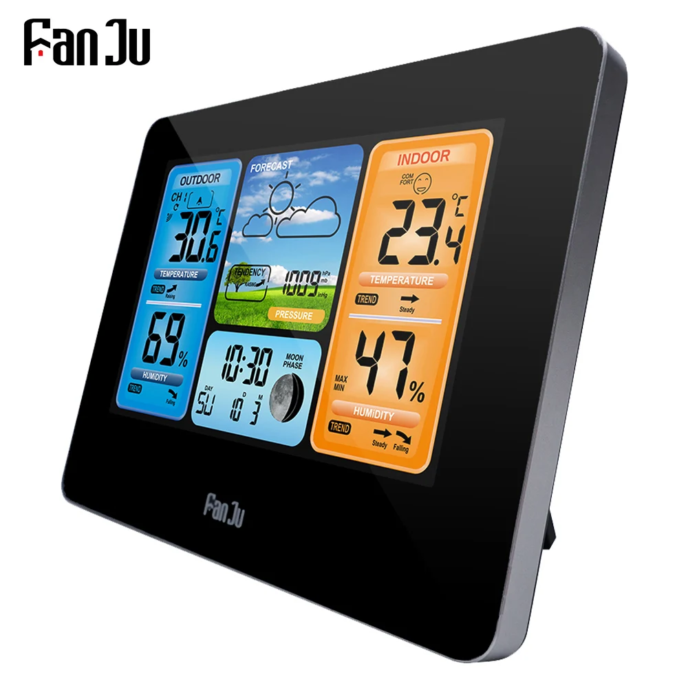 

FanJu FJ3373B LCD Wireless Weather Station Alarm Clock Digital Thermometer Hygrometer Barometer Forecast Daily Alarm Wall Type