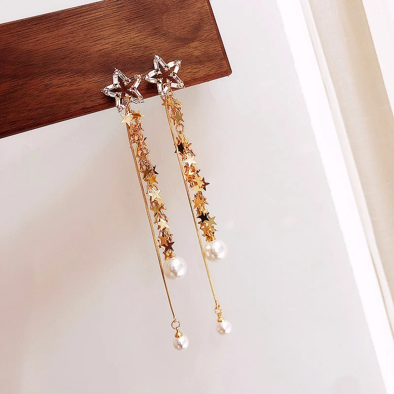 

2019 New Arrival Zinc Alloy Trendy Star Women Dangle Earrings Pentagram Crystal Pearl Long Tassel Eardrop Female Jewelry