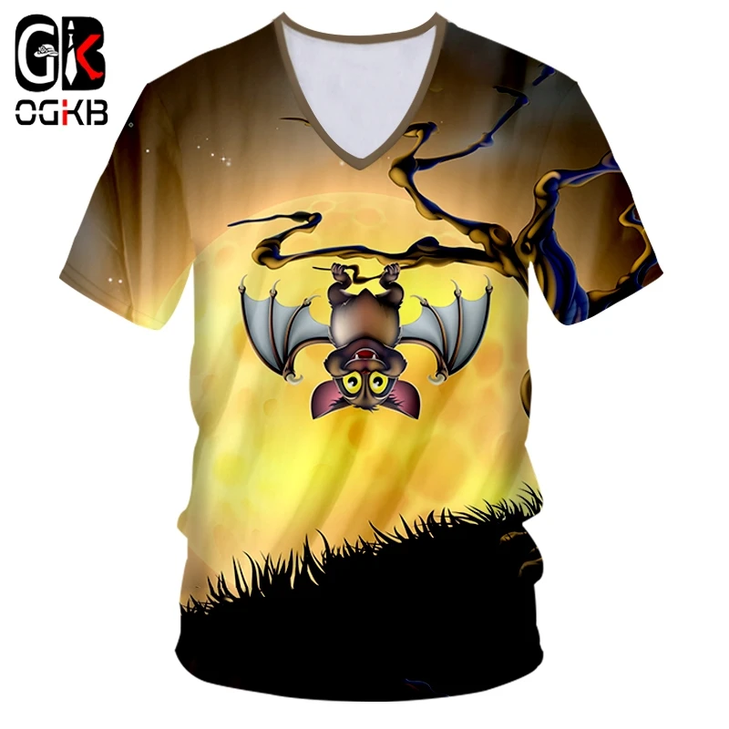 

OGKB V-neck Tshirt Women/men Cool Print Bat Moon 3D T-shirt Terror T Shirts Unisex Slim Fit Short Sleeve Casual Tees 7XL