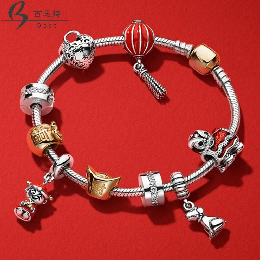 

BEST 100% 925 Sterling Silver Lion Dance Money Bag Gold Charm Fortune and Luck LANTERN Pendant Spring Bracelet Set