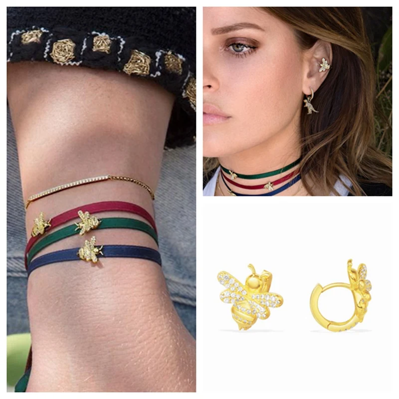 

Fashion Bee Animal Cuff Clip Earring Ribbon Choker Necklace Jewelry Set 925 Sterling Silver Zircon Women Wedding Animal Set