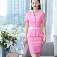 Летние женские костюмы с юбкой для женщин, деловые костюмы, розовый блейзер и пиджак, комплекты для работы, офисный униформенный стиль