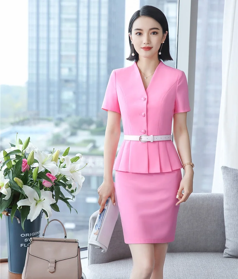 Summer Female Skirt Suits for Women Business Suits Pink Blazer and ...