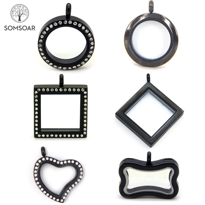 

Big Discount 25MM & 30MM Black plain Crystal Locket Floating Glass Heart & Round Locket Stainless steel Locket