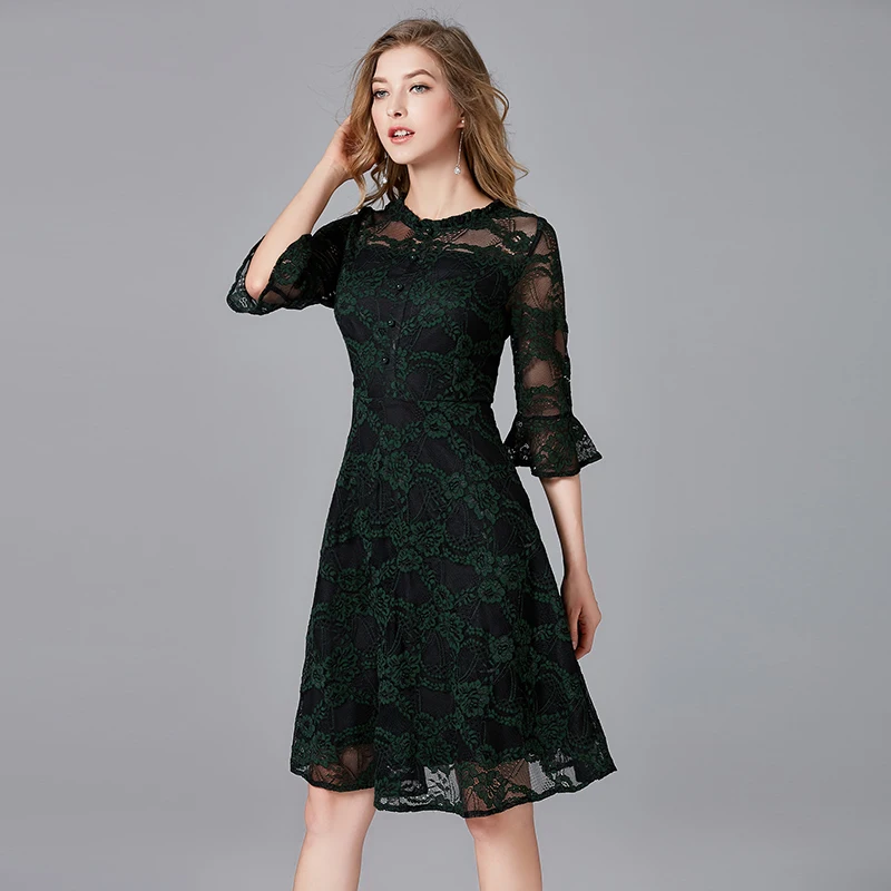 

2019 fashion women floral lace autumn dresses plus size ruffles sleeves women A-line hollow lace dress blackish green color