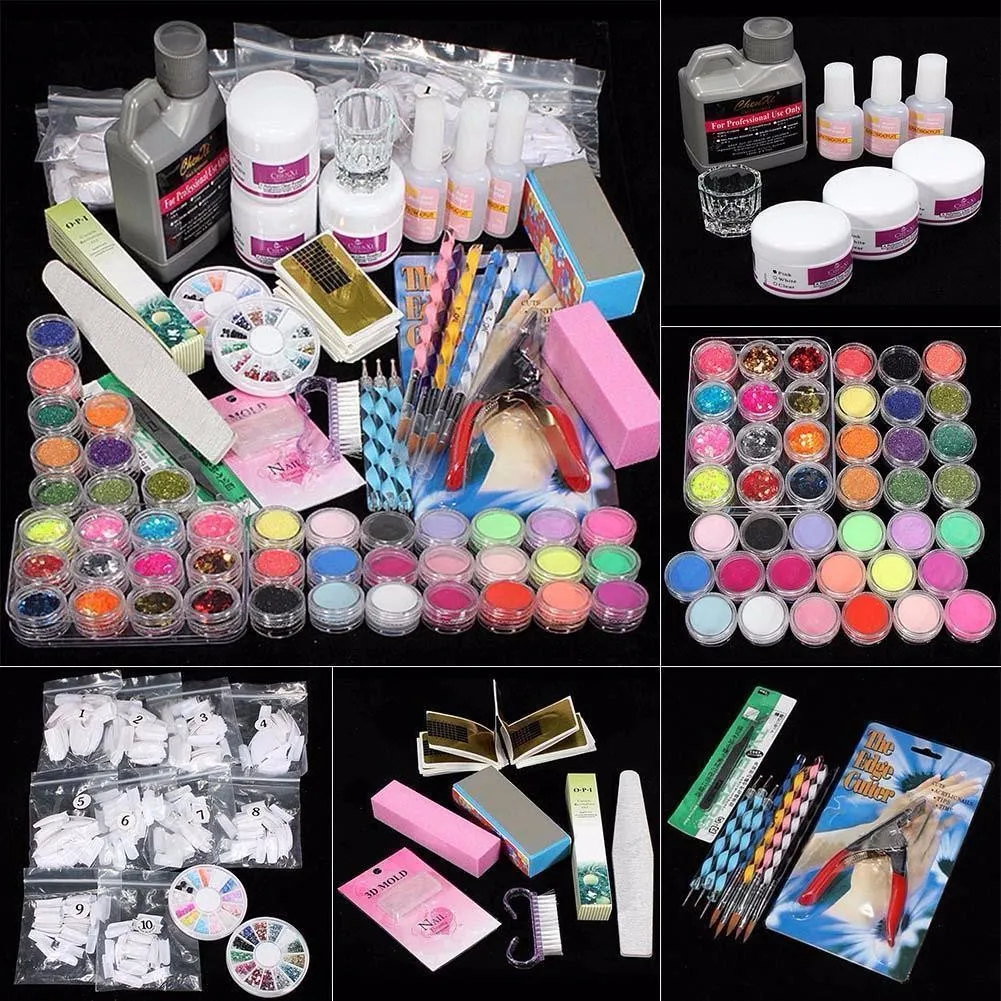 

42 Acrylic Nail Kit Art Tips Powder Liquid Brush Glitter Clipper Primer File Set kit manucure gel uv complet