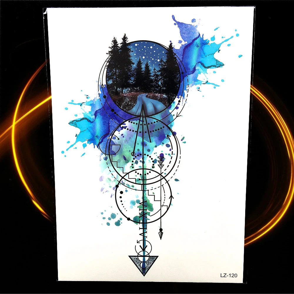 

HOT Watercolor Geometry Circular Arrow Temporary Tattoo Sticker Women Men Body Arm Blue Universe Tree Waterproof Tattoo Totem