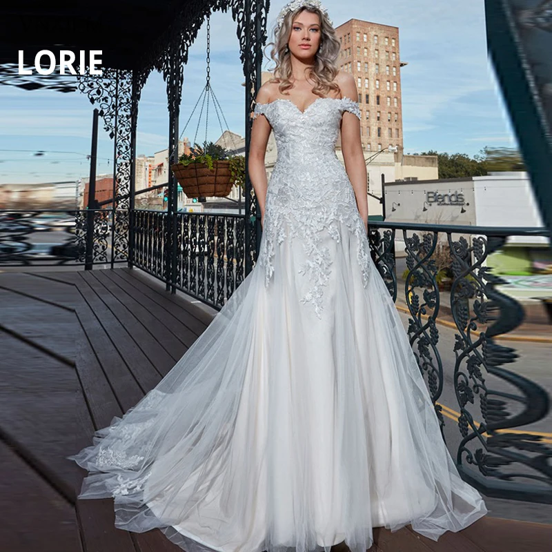 

LORIE Elegant Lace Off the Shoulder Mermaid Wedding Dresses 2019 Sweetheart Neck Backless Tulle Wedding Gowns Beach Bridal Dress
