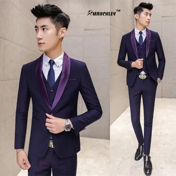 

Modern Latest Coat Pant Designs Prom Suits Navy Purple 3 Piece (Jacket + Vest + Pants) Wedding Suit For Men Slim Fit Boys Tuxedo