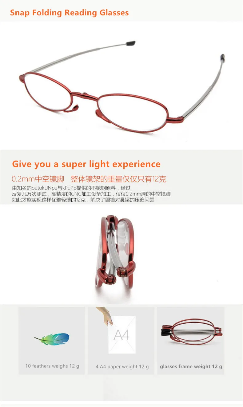 Foldable Reading Glasses Women Mini Portable Metal Folding Reading Eyeglasses Men Eyewear Hyperopia 1.0 1.5 2.0 2.5 3.0