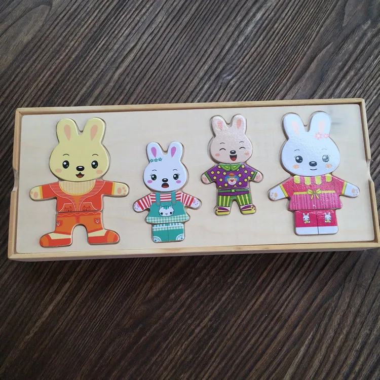 Детские игрушки кролик/медведь, семейное платье, меняющие деревянные игрушки для детей, туалетный пазл, деревянные головоломки для детей, развивающий подарок