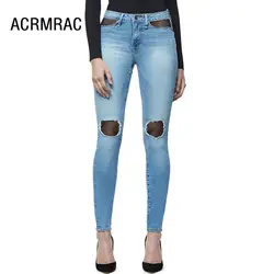 Для женщин джинсовый синий обтягивающие, до середины талии отверстие летние брюки-карандаш пикантные женские узкие джинсы