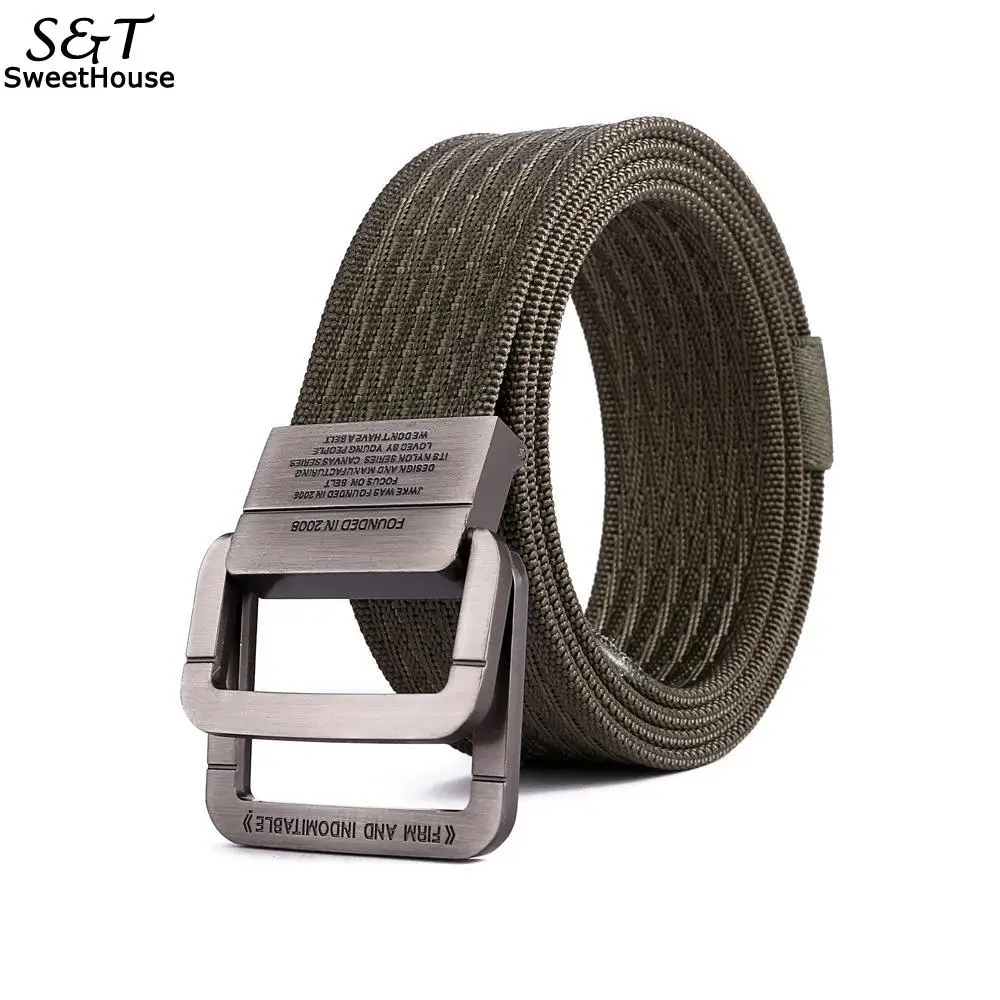 army green Men Tactical Nylon Belt Fashion Alloy Double Ring Buckle Waistband - Цвет: army green