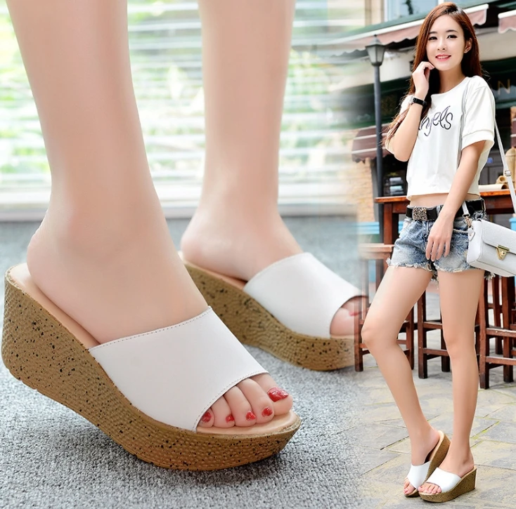 

2019 explosion models high heel leather female sandals and slippers sponge cake female sandals wedge with a word drag sandals