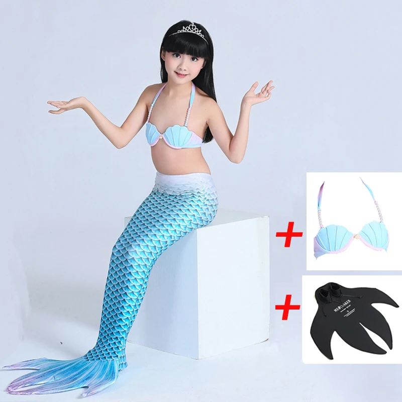 

2018 Children Mermaid Tail With Monofin For Girls Swimming Cospaly Costume Swimmable Swimsuit 3pcs/set(Top+mermaid tail+monofin)