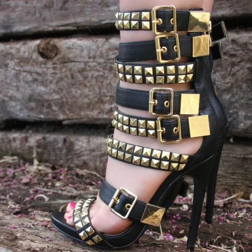 

Newest Sandals Hot sale Zip Buckle High Quality Peep Toe Ankle High-Heel Luxury Rivet Buckle GlitterNoble Glamorous Shiny Decked