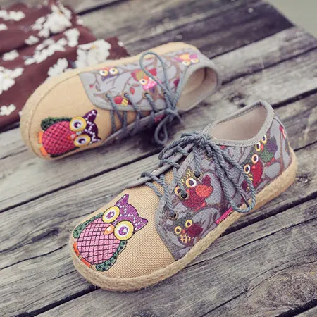 Veowalk/винтажная женская обувь; тайская Тканевая обувь из хлопка и льна с вышивкой Совы; Тканевая обувь на плоской подошве в национальном стиле; обувь на шнуровке с круглым носком - Цвет: Серый