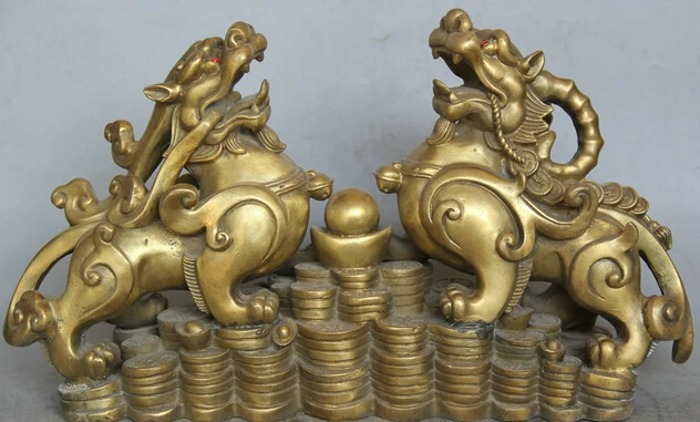 

JP S0524 16" Chinese Brass Folk Wealth Money Two Pi Xiu Unicorn Beast sculpture Statue B0403