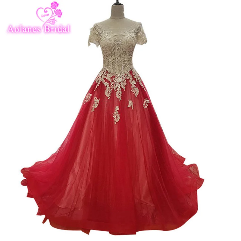 

New Scoop Neck Ball Gown Evening Dresses 2017 Open Back Appliques Pearls Red Tulle Prom Evening Gowns Short Sleeve Muslim