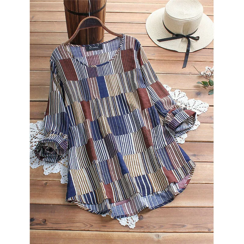

Spring and Summer Ladies Striped Print Round Neck Thin Shirt Loose Casual Long-sleeved Curved Hem Large Size Long Shirt