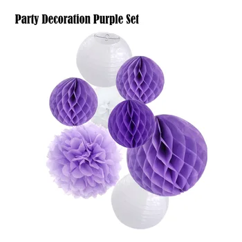 

Wedding Party Decorative White Round Paper Ball Lanterns Purple Set Paper Crafts Tissue Pom Pom Ceremomy Hanging Decor Honeycomb