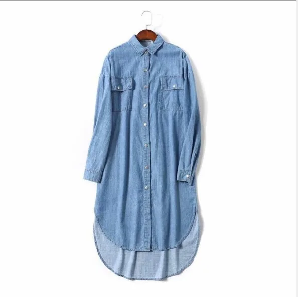 Brief single breasted long denim shirt irregular blouse