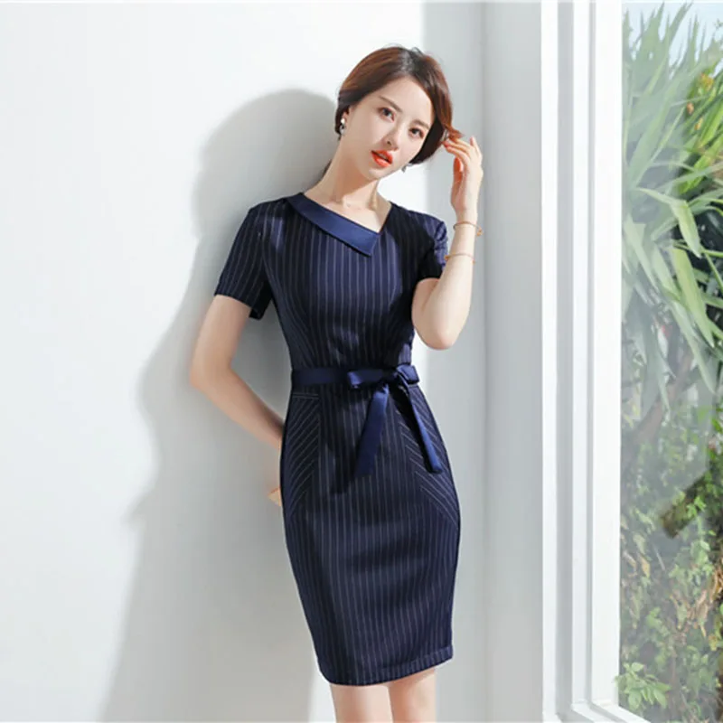 women work wear Women's  stripe business dress knee short-sleeved with ribbon belt drop shipping