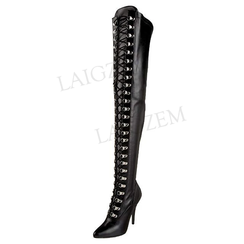 LAIGZEM SEXY Women Thigh High Boots Wide Calf  Lace Up Long Zipper Stiletto Party Club Boots Shoes Botines Mujer Big Size 34-47
