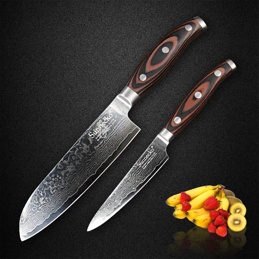 

SUNNECKO 2PCS Kitchen Knives Set Japaness VG10 Damascus Steel Sharp Blade Santoku Utility Knife Pakka Wood Handle Meat Cutter