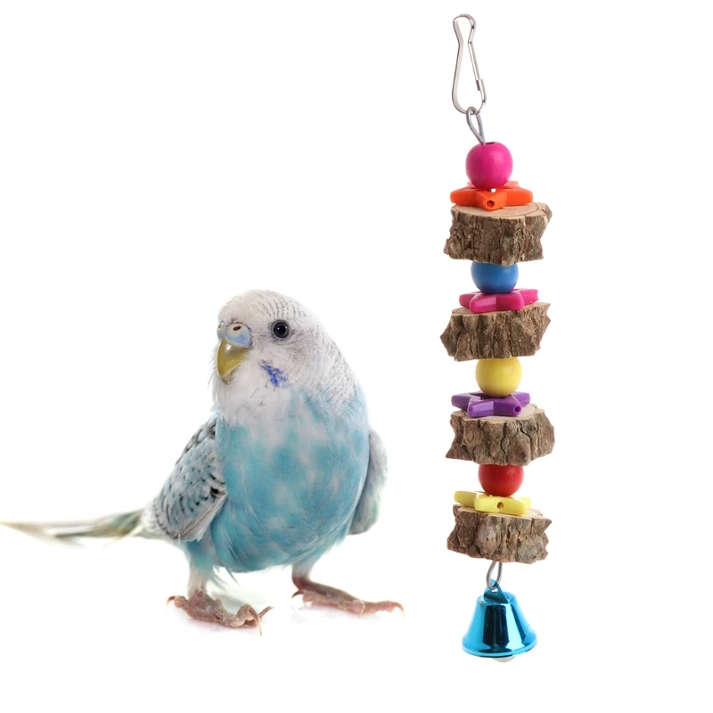 Pet Natural Wooden Bird Parrot Colorful Toys Chew Hanging Cage Concave Convex Bell Birds Parrots