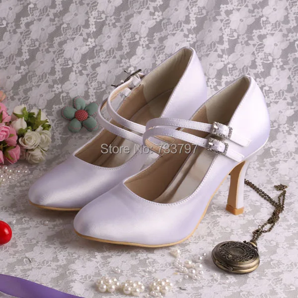 Wedopus 9cm Mary Janes Pure Color Wedding Shoes Round Toe with Buckle Decoration