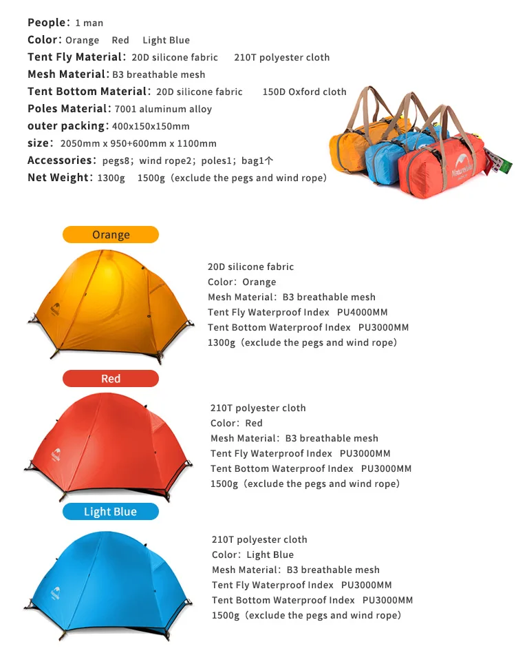 Naturehike с фабрики 1,5 кг Сверхлегкий тент 1 человек Открытый Кемпинг Пешие Прогулки алюминиевые водонепроницаемые одиночные палатки