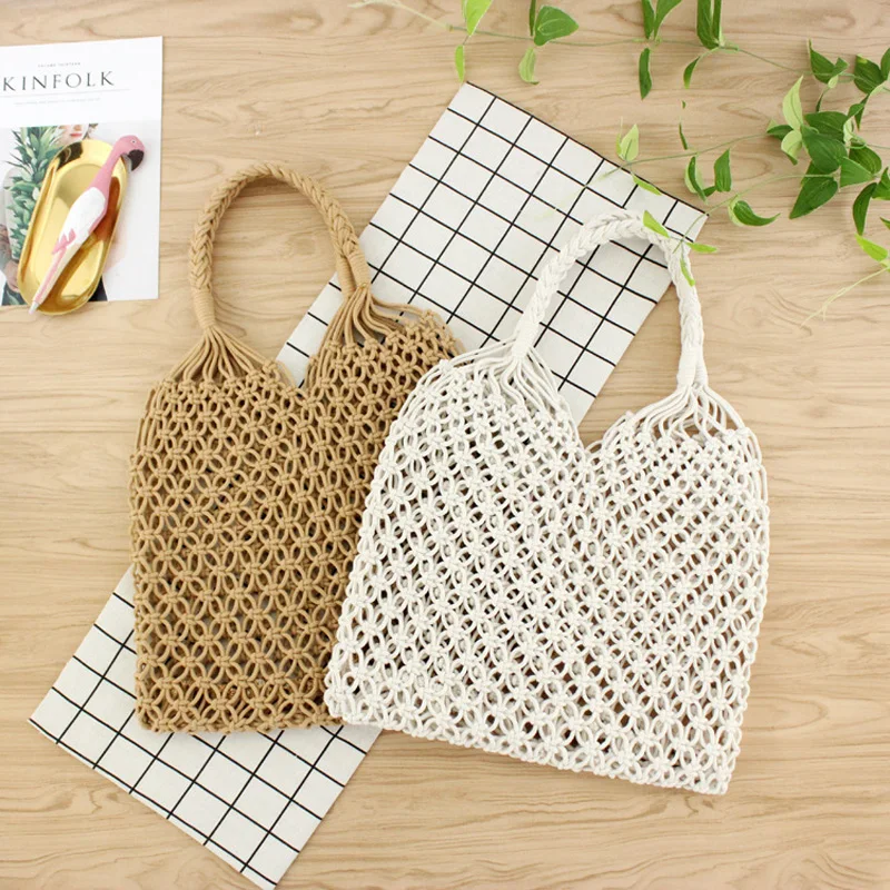 

YOJESSY Fashion Popular Woven Bag Mesh Rope Weaving Tie Buckle Reticulate Hollow Straw Bag No Lined Net Shoulder Bag