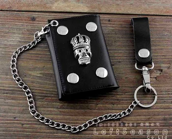 

Men's Boys Gift Real Leather Trifold Momey wallet with chain Punk Biker