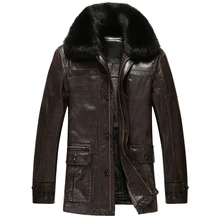 Зимняя кожаная мужская куртка с меховым воротником, Куртки из искусственной кожи для мужчин, однотонное мужское теплое кожаное пальто, приталенное кожаное замшевое пальто C533