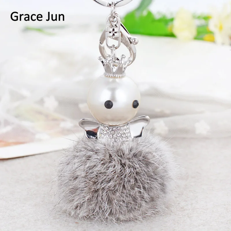 

New Arrival Simulated Pearl Rhinestone Angel Shape Fluffy Rabbit Fur Keychains for Women Handbag Key Pendant Christmas Gift