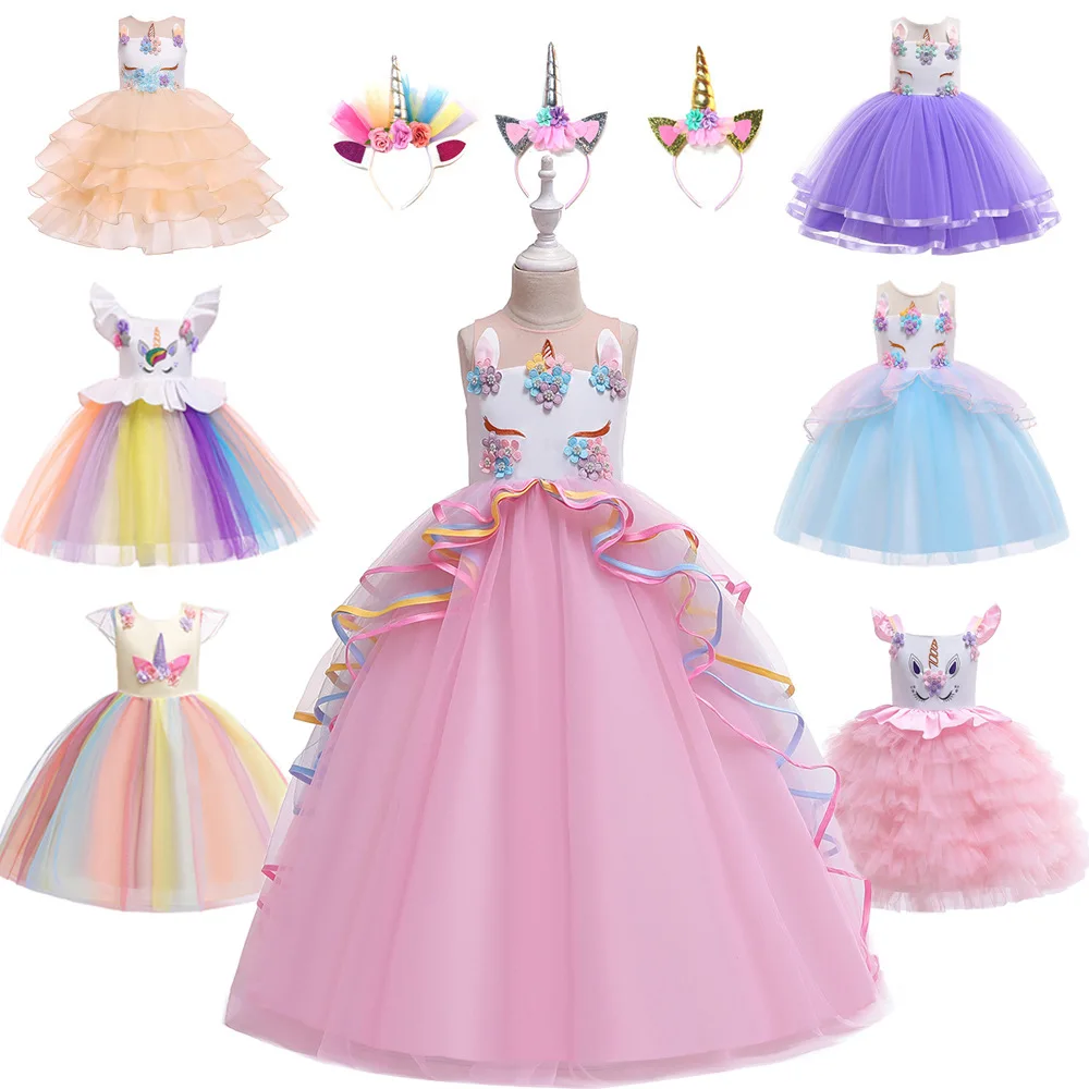 

Children's Day School Table Performance Clothing Children's Unicorn Dress Children's Net Yarn Princess Dress Cotton 4-12 Years