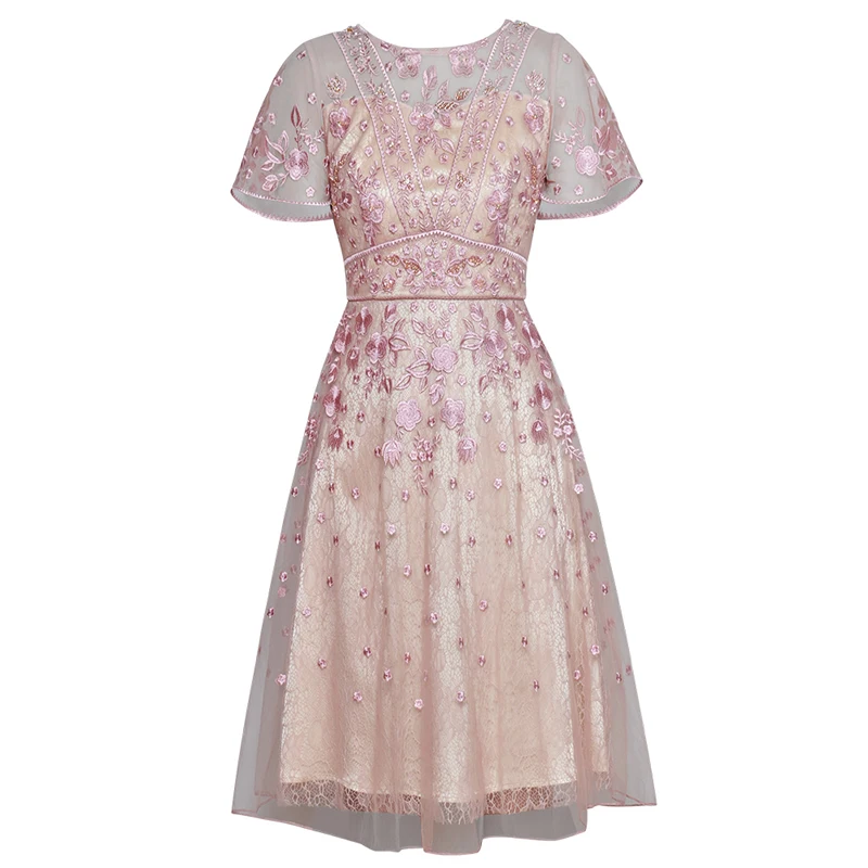

Hot Sale Patchwork Mesh Women Embroidery Dress Elegant O-Neck Sexy A-Line Dresses G7819
