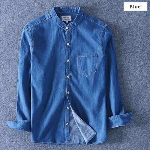 Высококачественная Мужская джинсовая рубашка из чистого хлопка со стоячим воротником и длинным рукавом, светская Модная тонкая мягкая Летняя мужская умная Повседневная рубашка - Цвет: Blue Z03
