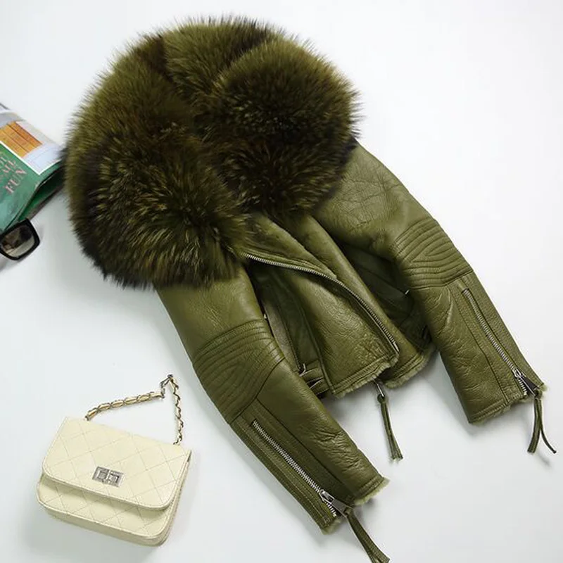 

2018 Women Real Sheep Fur Coat Winter Jacket Women Warm Genuine Merino Sheepskin Leather Jacket Large Real Raccoon Fur Coats