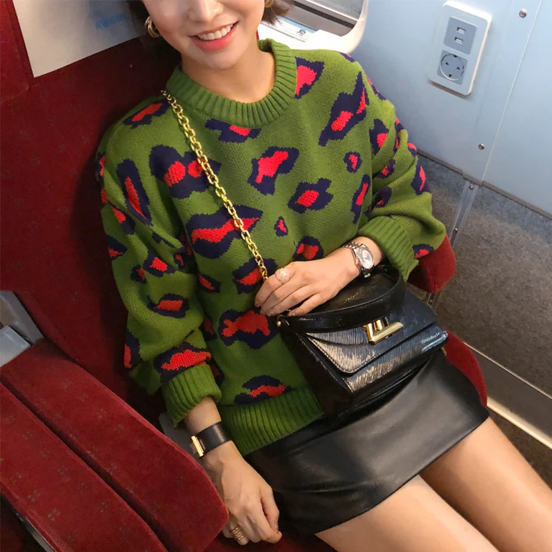 

Hzirip Vintage Knitted Sweater Autumn Winter Pullover Women Tops Warm Soft Fashion O-Neck Loose Leopard Casual Female Pattern