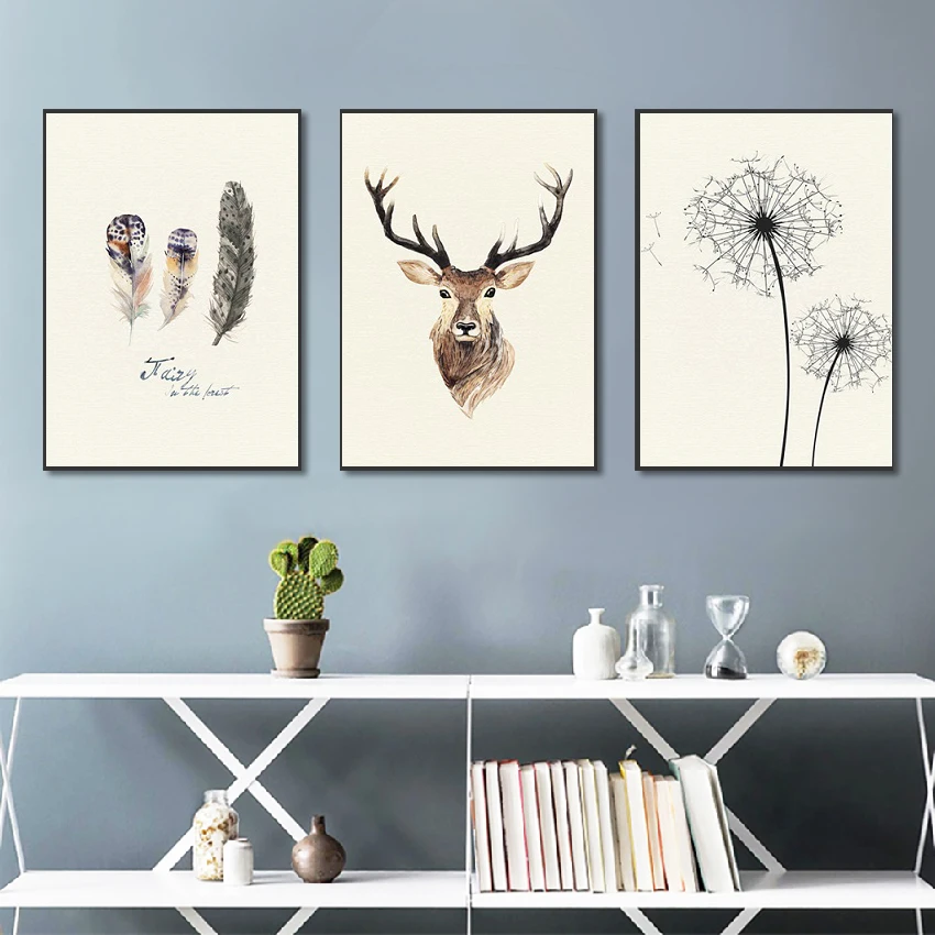 

Scandinavian Style Natural Frameless Elk Decoration Canvas Painting 3 Panels Unframed Oil Picture for Home Decoration Wall Art