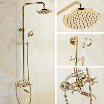 

Luxury Polished Gold Color Brass Dual Cross Handles Levers Bathroom Round Rainfall Shower Faucet Set Bath Tub Mixer Tap mgf394