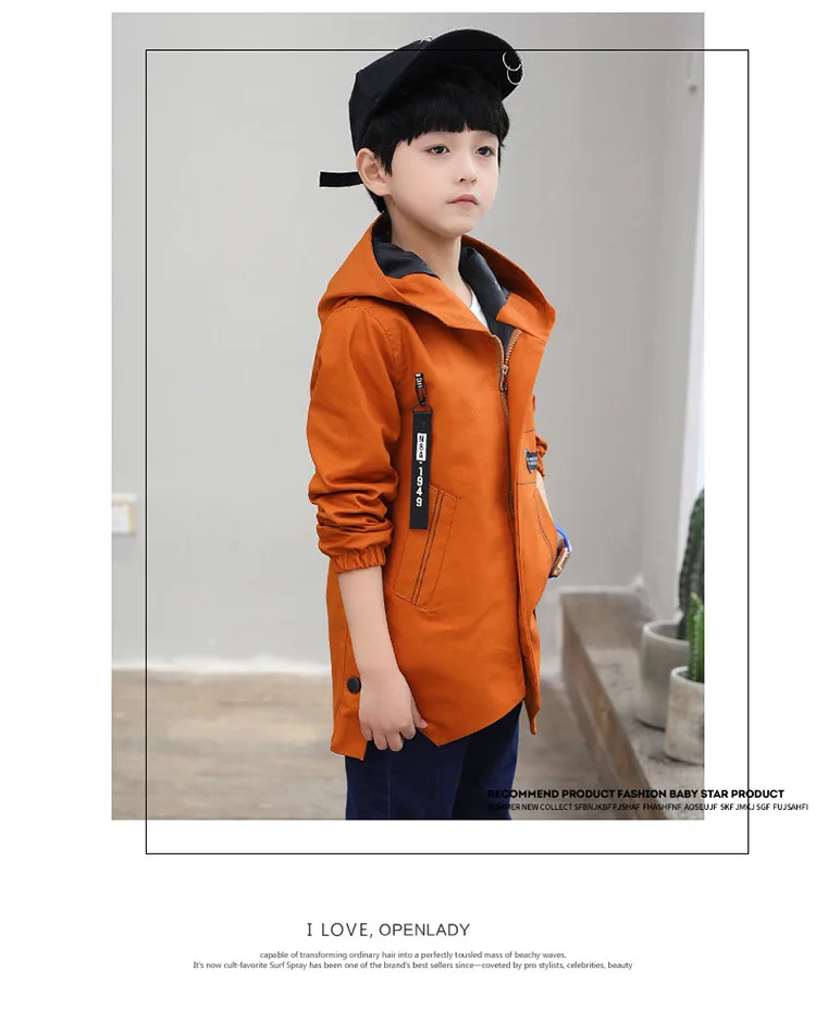 Г. Новые Модные осенние куртки с длинными рукавами для больших мальчиков детский Тренч на молнии с капюшоном и лентой комбинированная одежда для детей, верхняя одежда