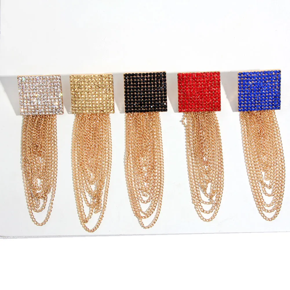 Flatfoosie Shiny Crystal Stud Earrings For Women Square Geometric Chain Tassel Statement Earring Fashion Bridal Jewelry | Украшения и