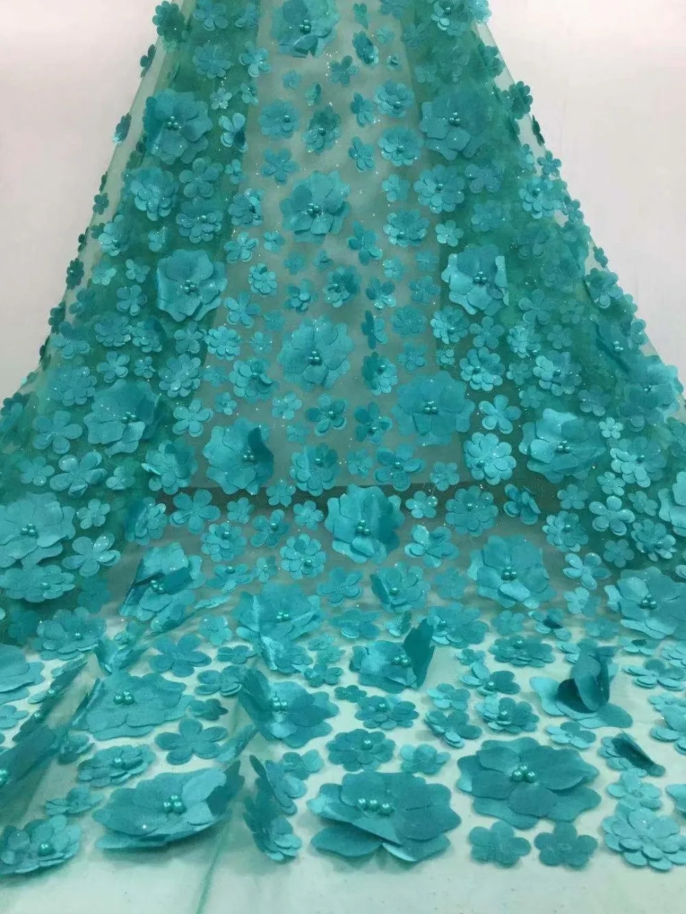 

Newcoming appliqued french lace fabric beautiful african net tulle lace fabric with beaded 3D flowers for wedding ydoc201
