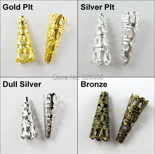 

(50Pcs=1Lot ! ) Free Shipping Jewelry Finding 9x22MM Bugle Filigree Bead End Cap Cone Gold Silver Bronze Nickel Plated No.BC10