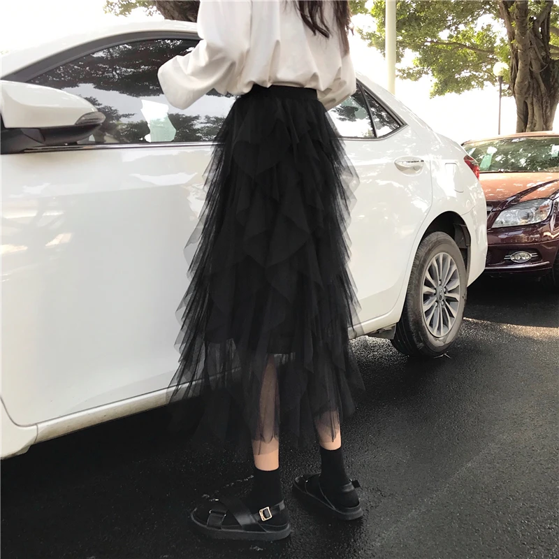 Корейская женская винтажная однотонная черная белая сетчатая кружевная органза плиссированная каскадная гофрированная длинная юбка миди с высокой талией в стиле бохо модная Лолита