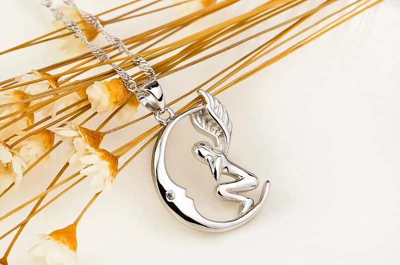 Moon and Angel design pendant necklace for women sterling silver jewelry GND0556 (3)