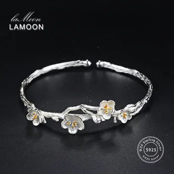 

LAMOON Wiredrawing 2 Colors Plum Flower S925 Bracelet & Bangle 925 Sterling Silver Fine Jewelry for Women Anti Allergy LMHY006